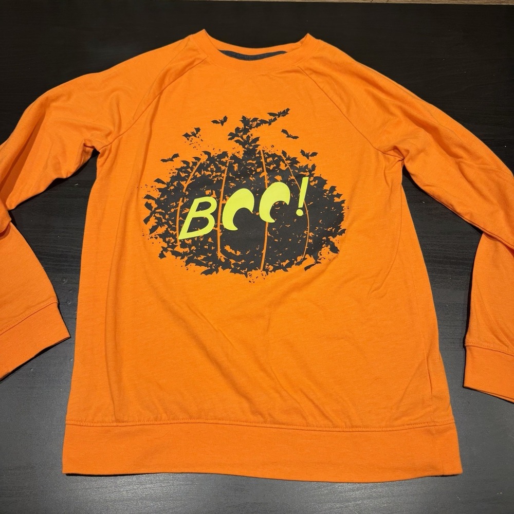 Cat & Jack Kids L (12/14) Orange BOO Halloween Glow in the Dark Long Sleeve Tee